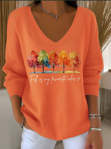 Maple Leaf Print V-Neck Long Sleeve T-Shirt
