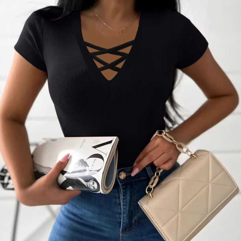 Elegant V-Neck Cross Short-Sleeve Women's T-Shirt