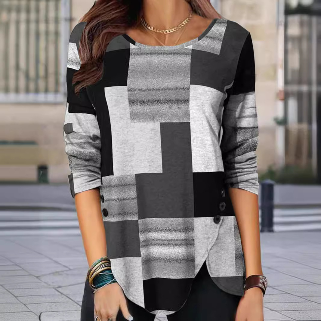 Women's Colorblock Print Long-Sleeve Crewneck Pullover T-Shirt