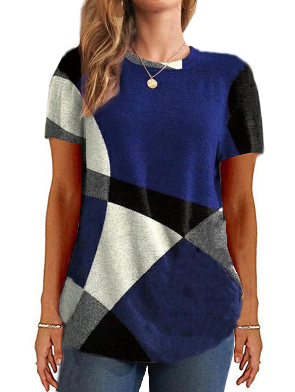 Button Geometric Colorblock Long Sleeve Print Loose T-Shirt Women's Top