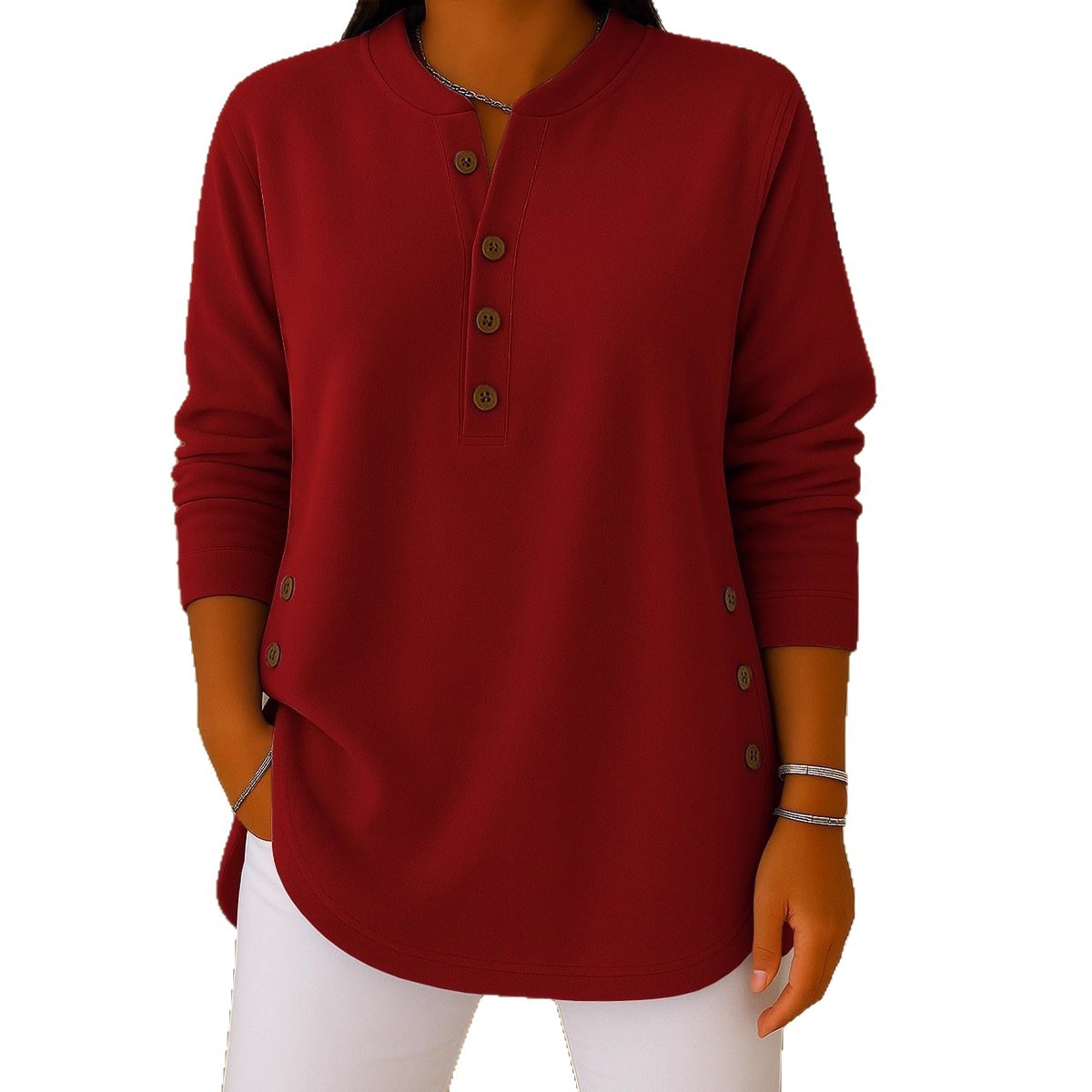 Women's V-Neck Button Knit Long Sleeve Top