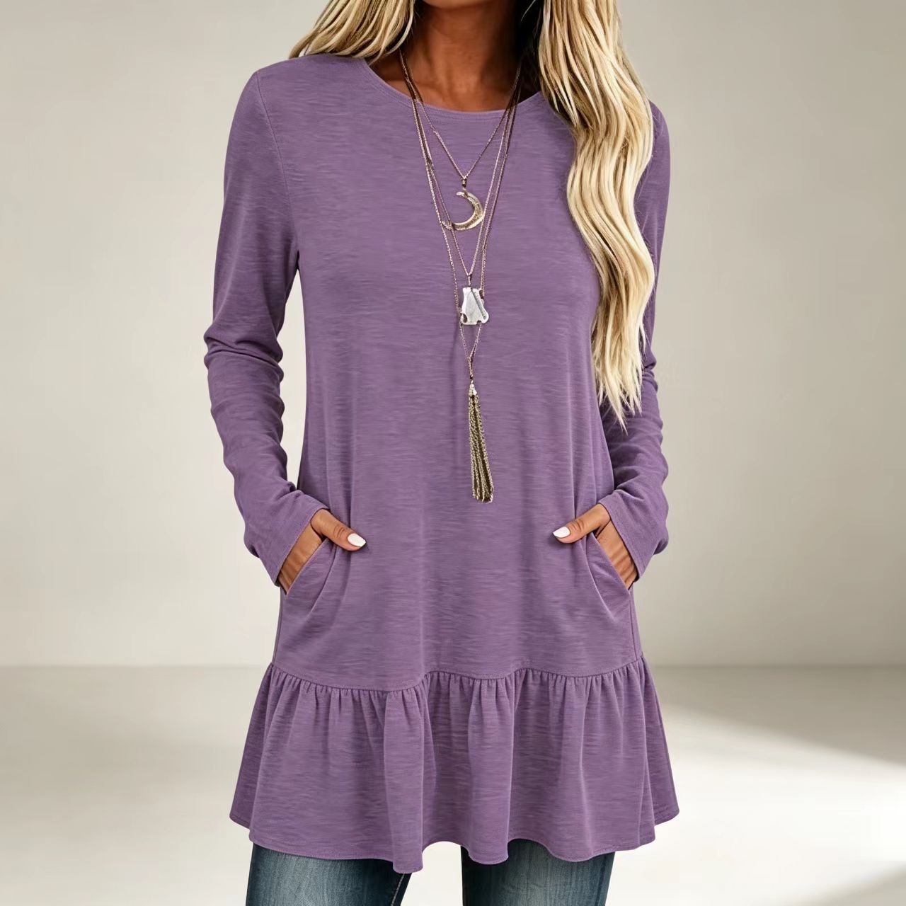Women's Loose Ruffle Hem Long Sleeve T-Shirt with Pockets