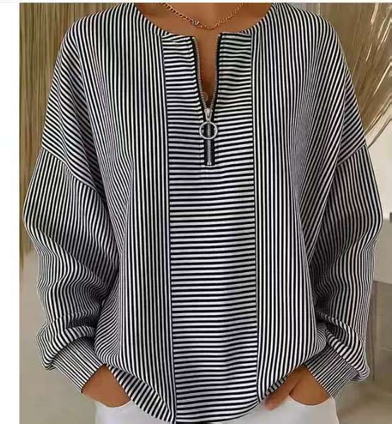 Striped Zip-Up Long-Sleeve Drop-Shoulder Crewneck T-Shirt