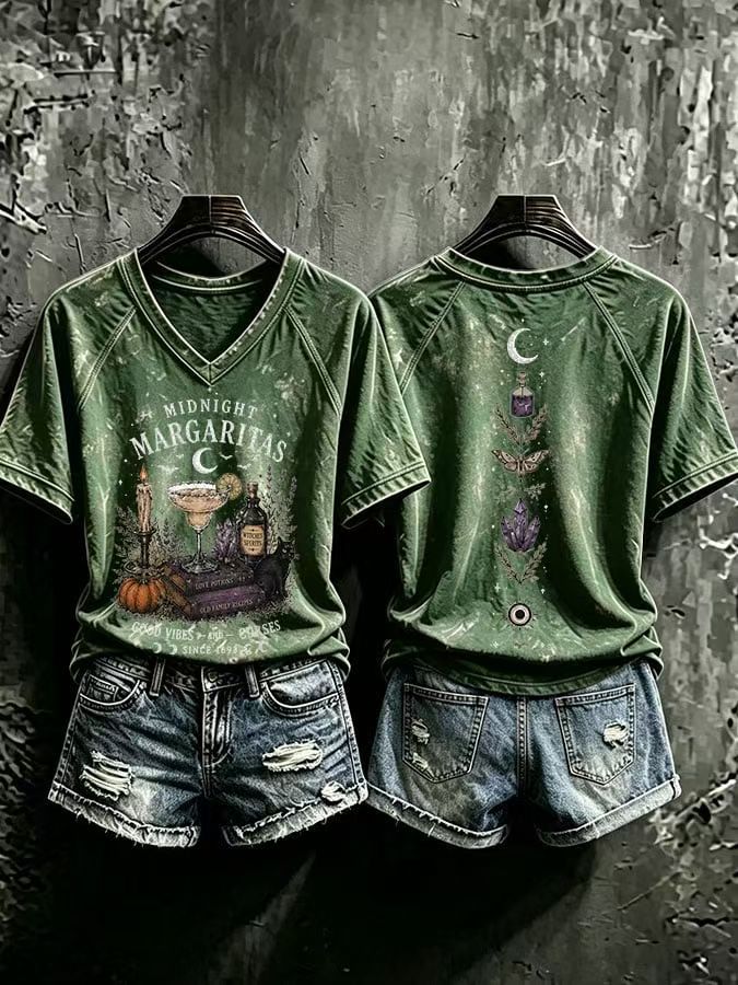Fantasy Graphic Front and Back Print V-Neck T-Shirt