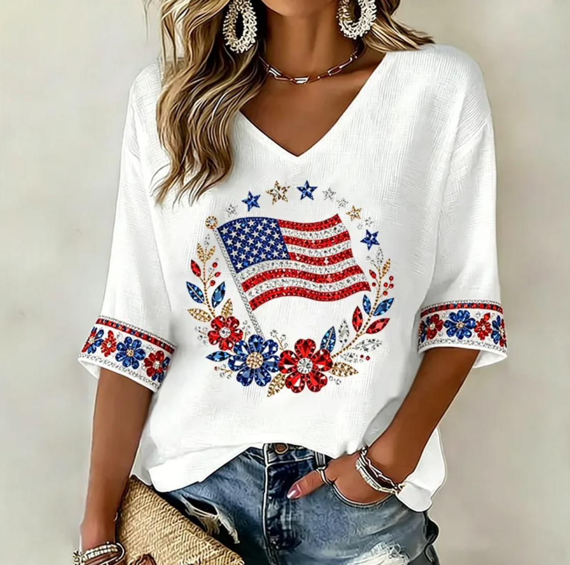 American Flag Fireworks Print V-Neck Short Sleeve T-Shirt for Women