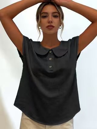 Women's Solid Color Short Sleeve Button V-Neck Blouse