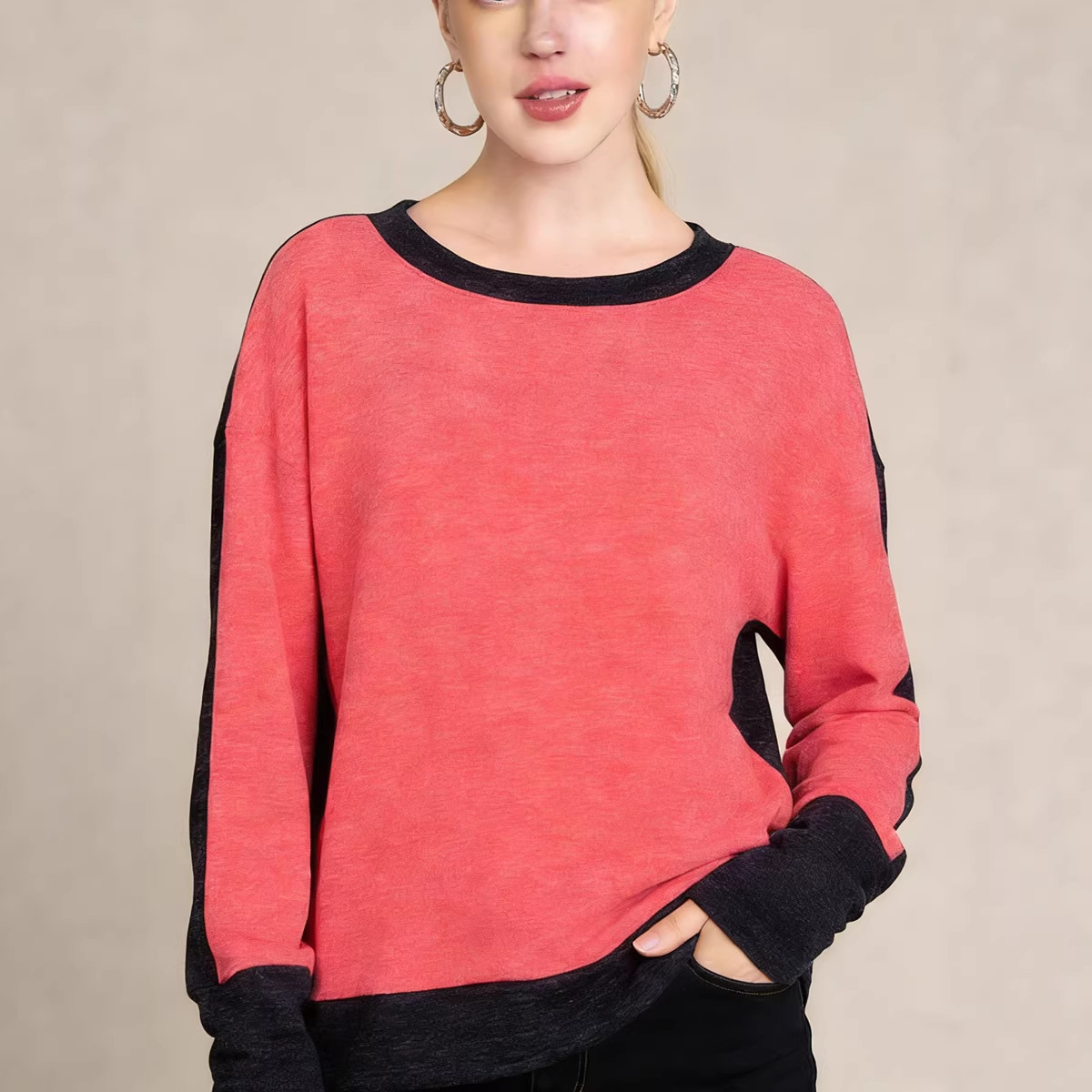 Women's Colorblock Crewneck Long Sleeve T-Shirt Loose Fit