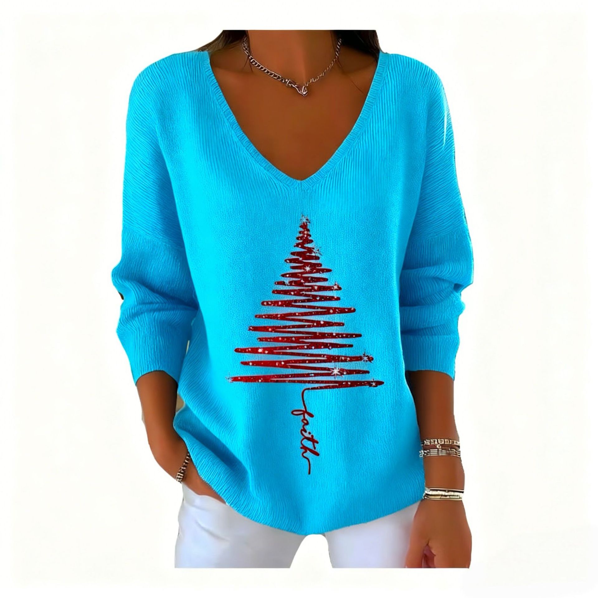 Women's V-Neck Long Sleeve Book & Christmas Tree Print T-Shirt