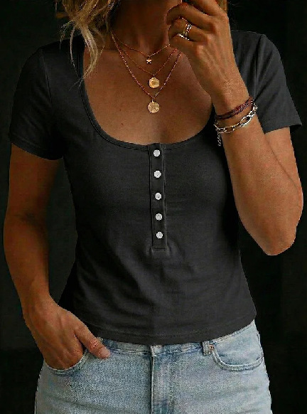 Women's Slim Fit Square Neck Half-Button Short Sleeve Crop Top