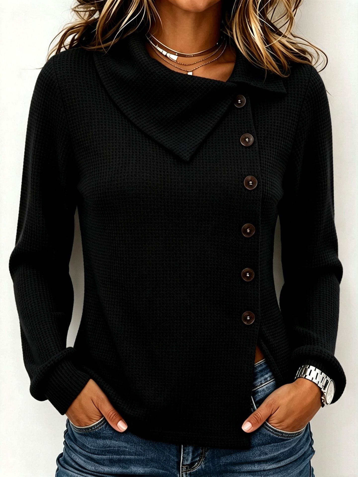 Women's Waffle Knit Button-Front Long-Sleeve Top with Asymmetric Collar