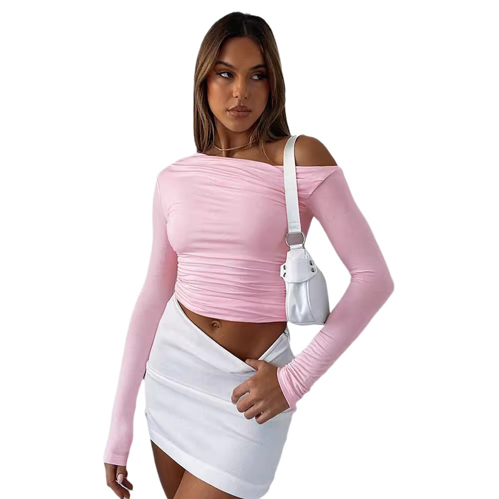 Women's One-Shoulder Long-Sleeve Ruched Crop Top