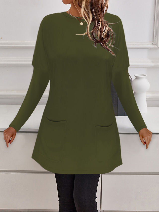 Women's Crewneck Long Sleeve Pocket Loose Casual Top T-Shirt