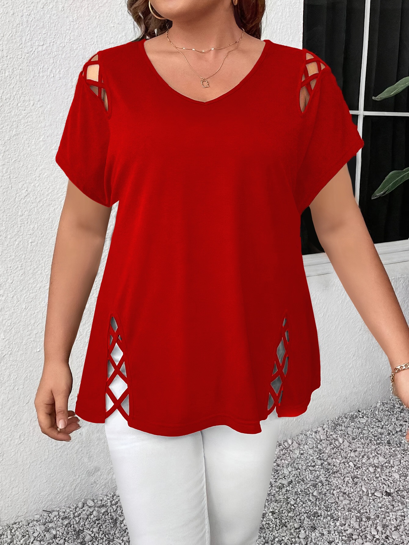 Women's Solid Short Sleeve Cross-Strap Detail T-Shirt