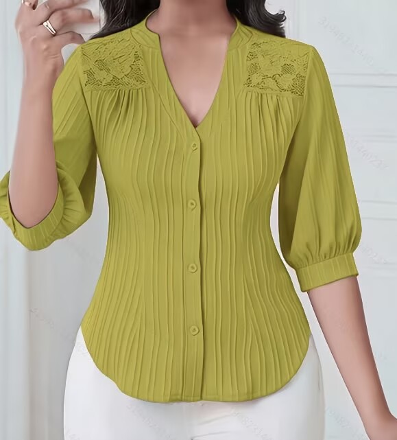 Lace-Trimmed V-Neck Mid-Sleeve Blouse with Pleated Button Front and Curved Hem