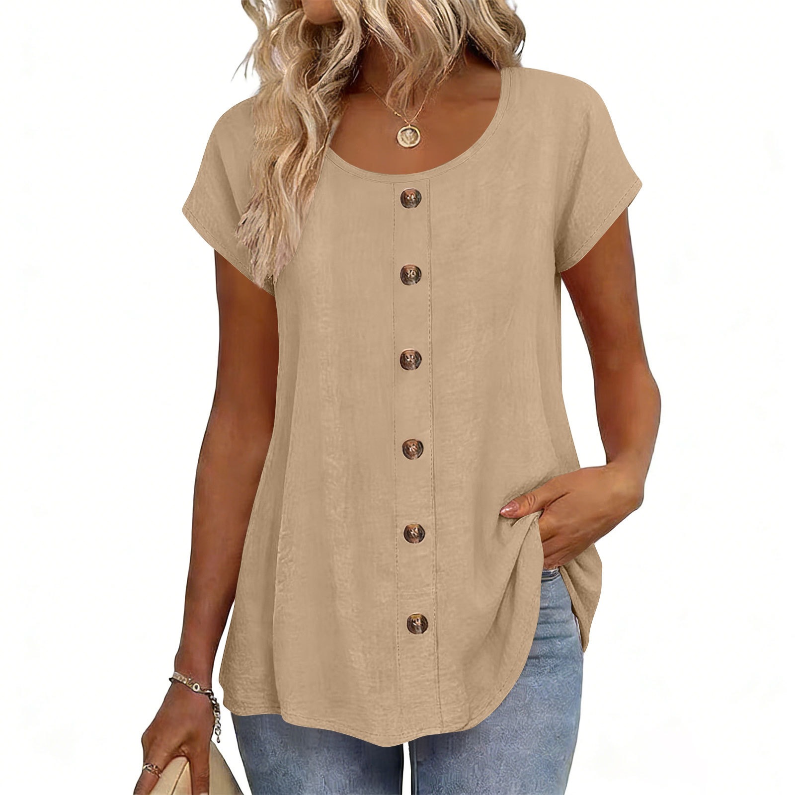 Elegant Button-Trim Solid Short-Sleeve Crewneck T-Shirt
