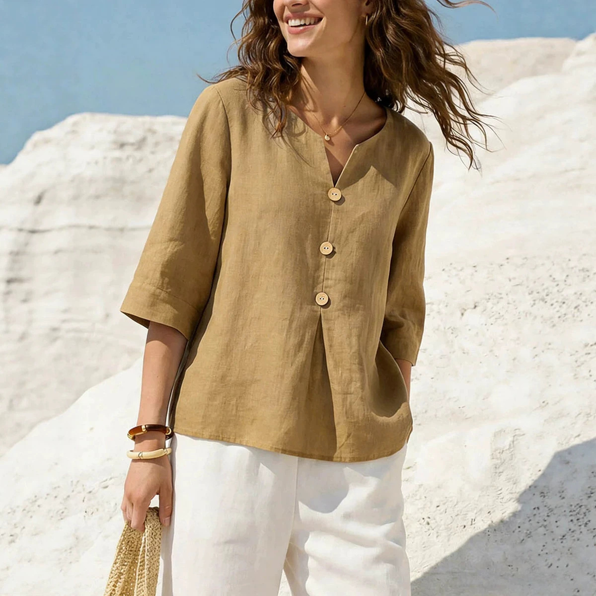 Women's Solid Color Cotton-Linen V-Neck Button T-Shirt Casual Loose Fit