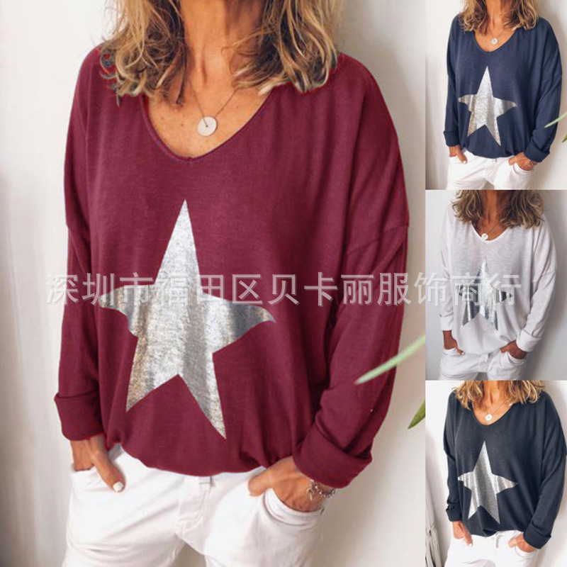 Women's Long Sleeve V-Neck T-Shirt Loose Fit Knit Top