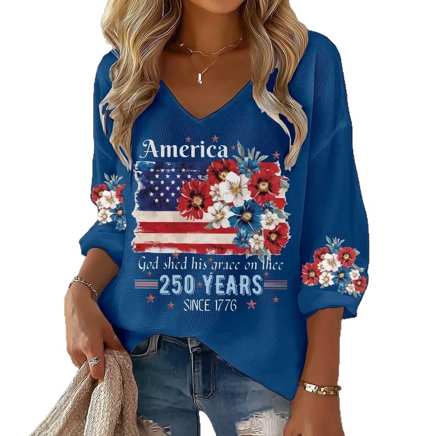 Women's Summer V-Neck American Eagle Flag Print Short Sleeve T-Shirt