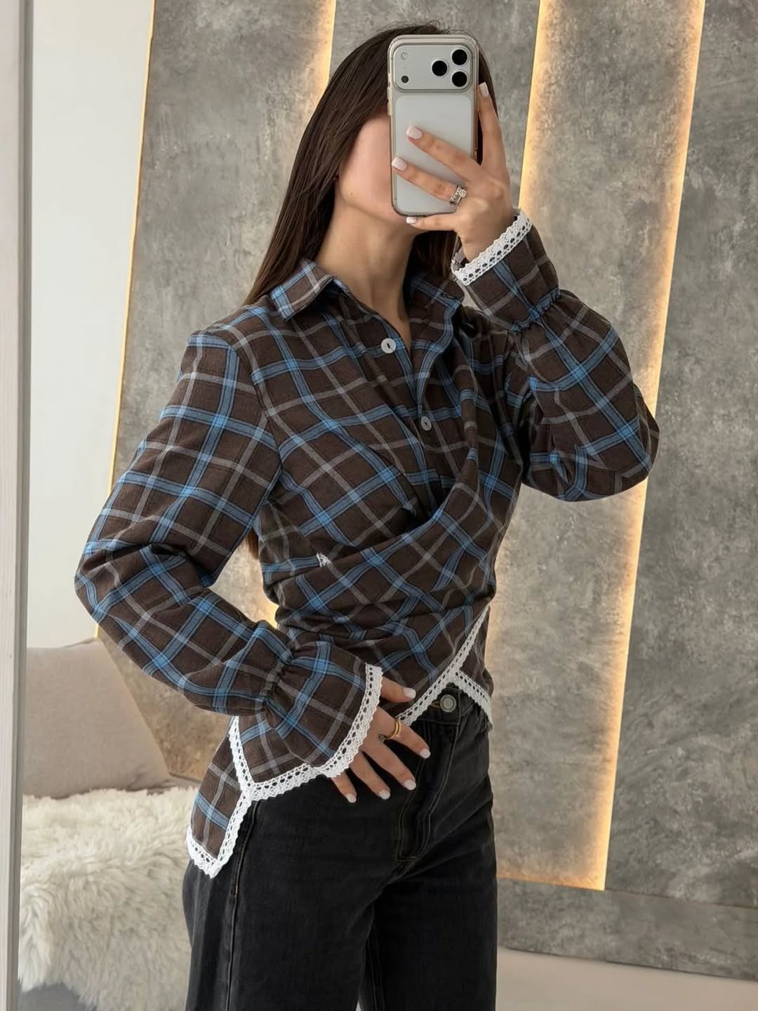 Women's Retro Plaid Long-Sleeve Polo Shirt
