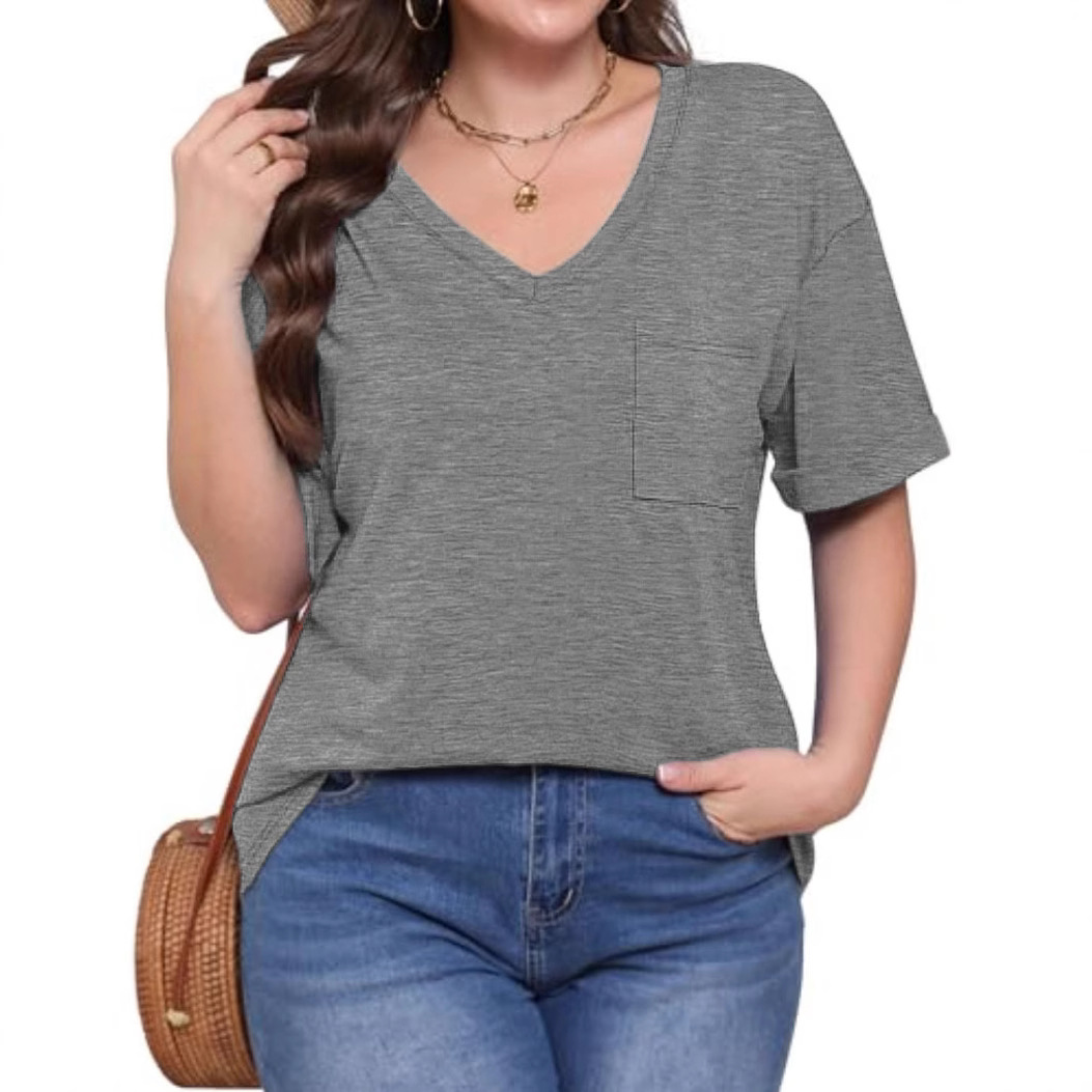 Women's Loose V-Neck Short Sleeve Pocket Solid T-Shirt