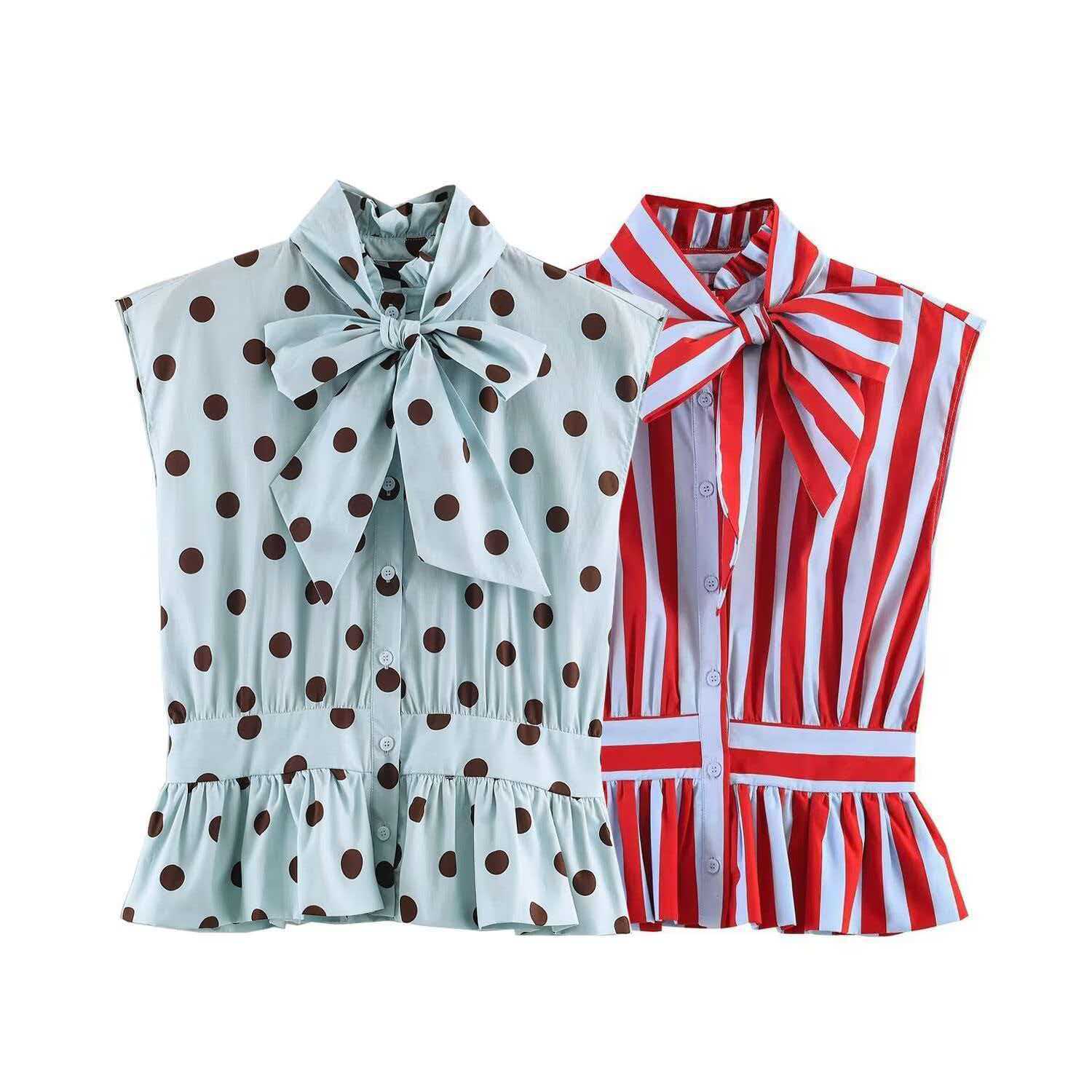 High Neck Tie Striped Shirt Short Sleeve