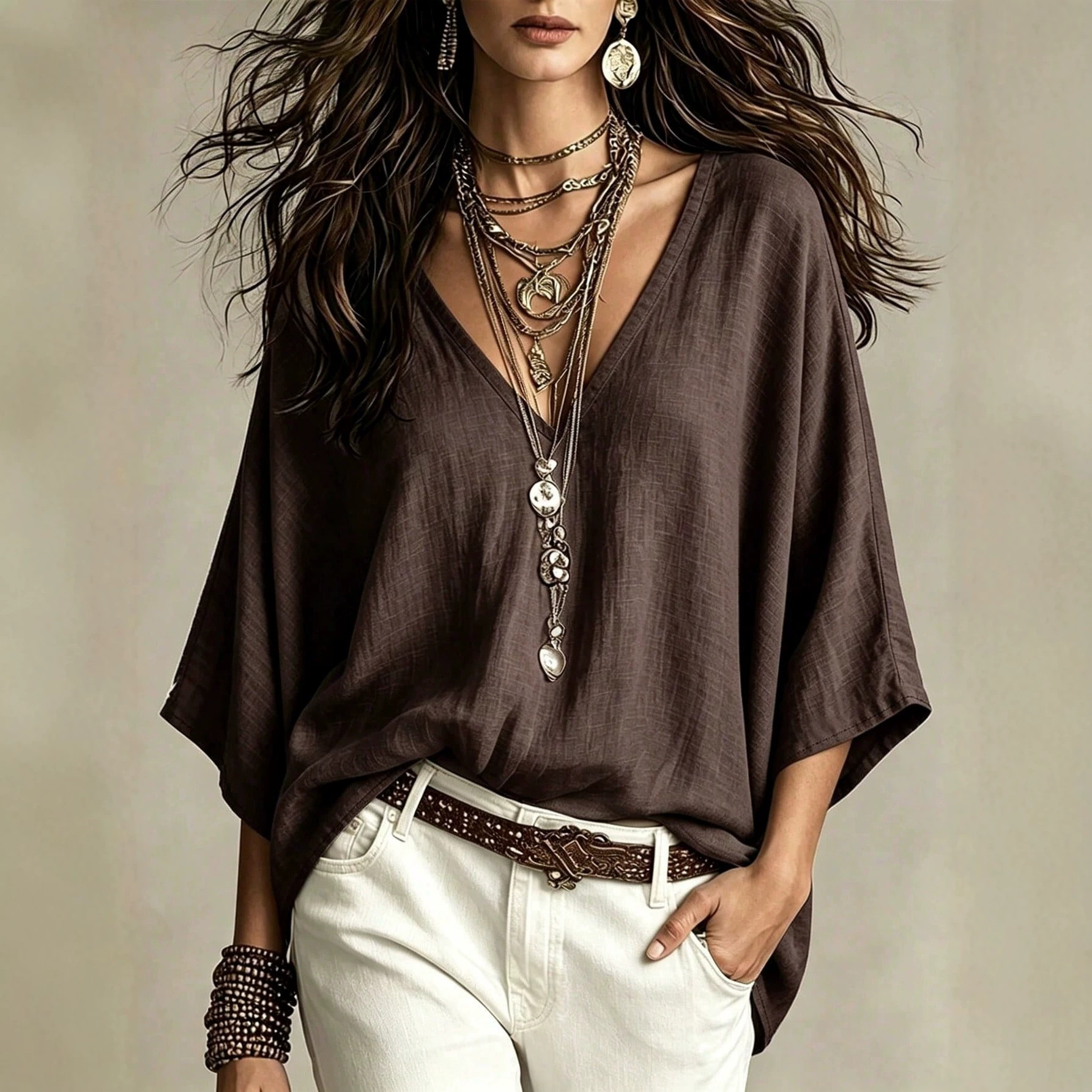 V-Neck 3/4 Sleeve Loose Linen Cotton Casual Women's Top