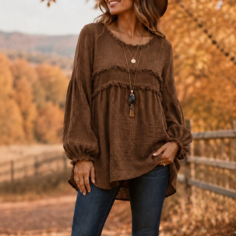 Fringed Trim Patchwork Long Sleeve Casual Top