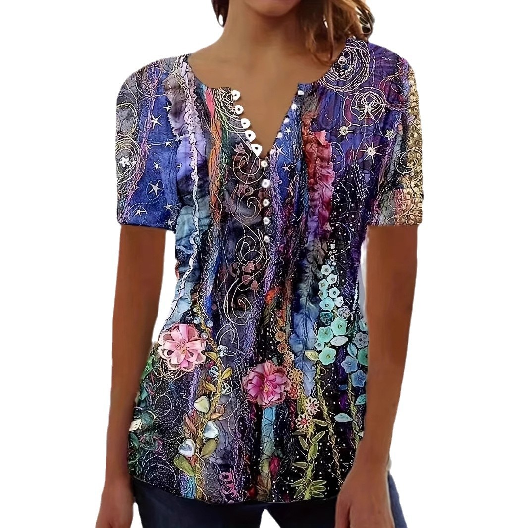 Floral Print V-Neck Button Short-Sleeve T-Shirt