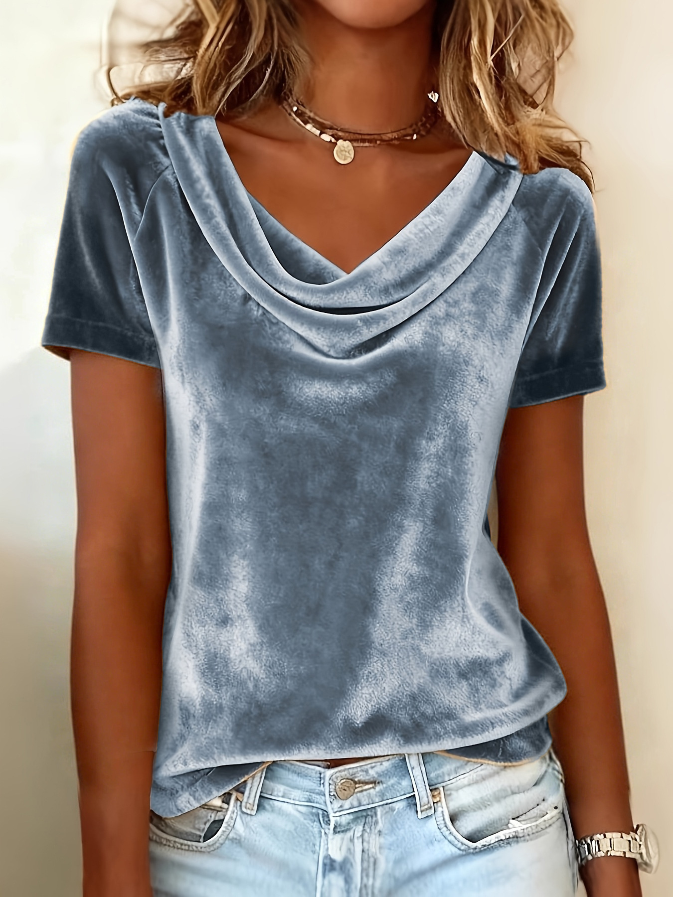 Solid Cowl Neck Short Sleeve Velvet T-Shirt