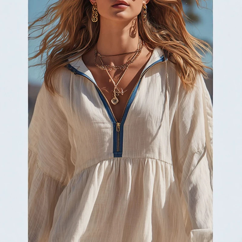 Retro Blue Trim White Long Sleeve Ruffle Hooded Mini Dress