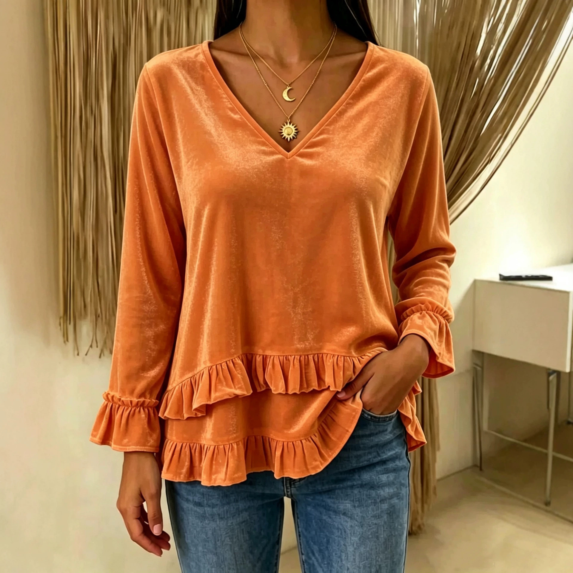 Women's V-Neck Ruffle Velvet Long-Sleeve Top