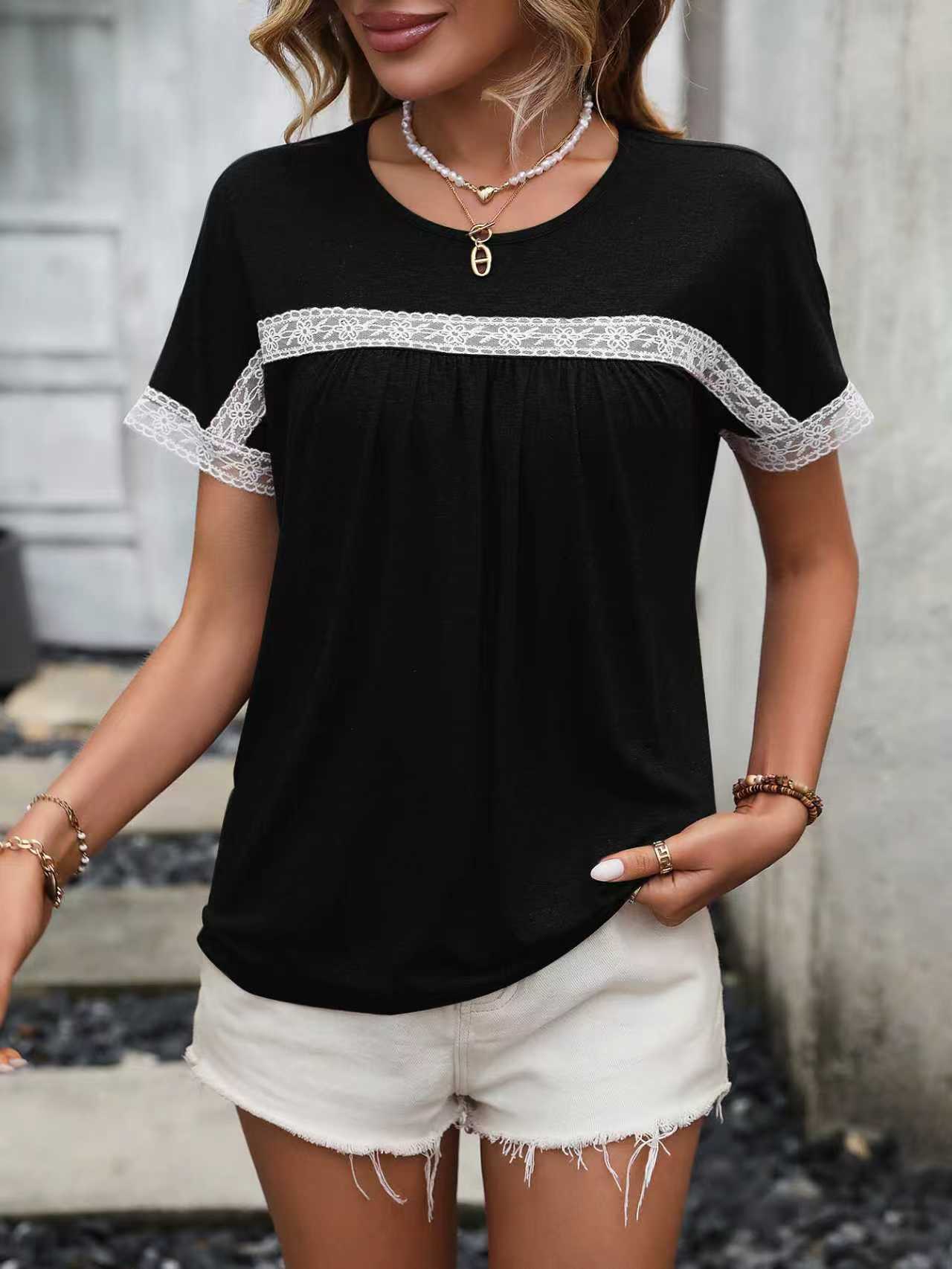 Women's Lace Trim Crewneck Short Sleeve T-Shirt
