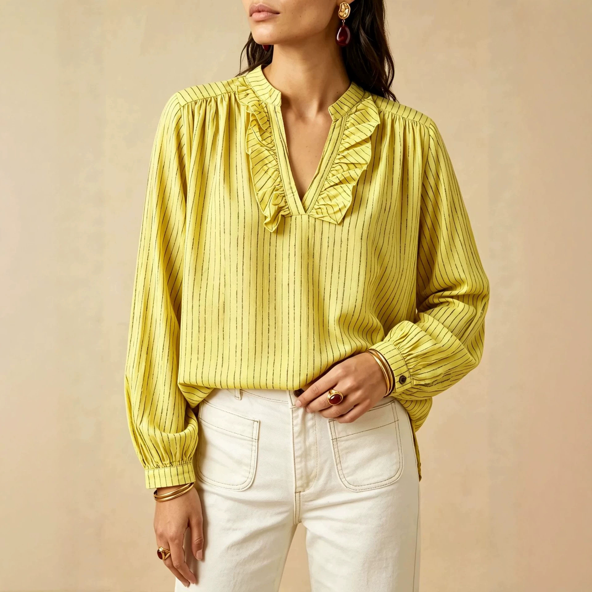 Ruffle V-Neck Long Sleeve Striped Women's Shirt