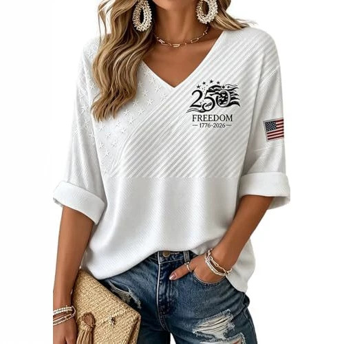 American Flag Print V-Neck Short Sleeve Women's T-Shirt