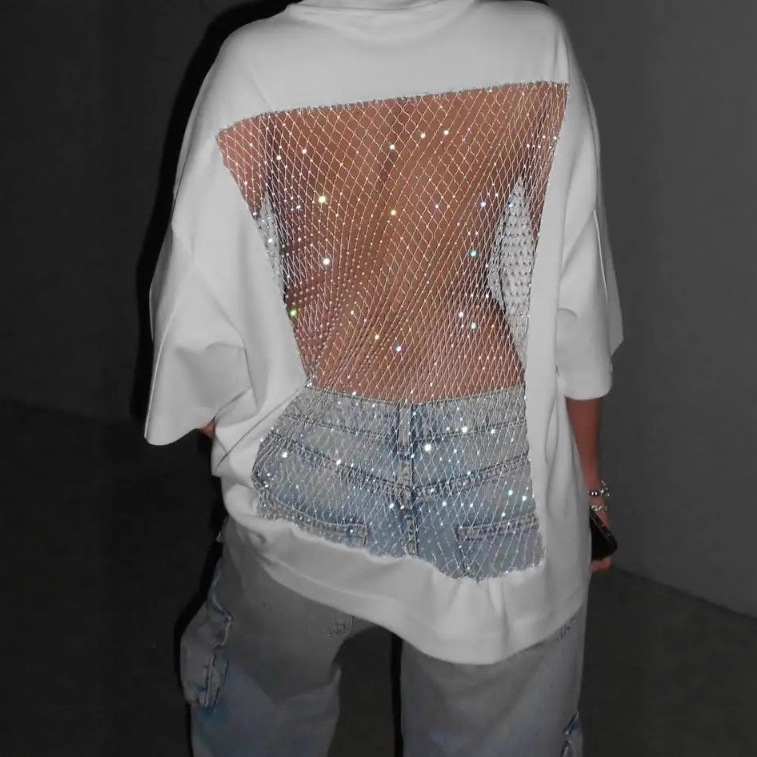 Women's Solid Crewneck Mid-Sleeve Loose Open-Back Mesh Top