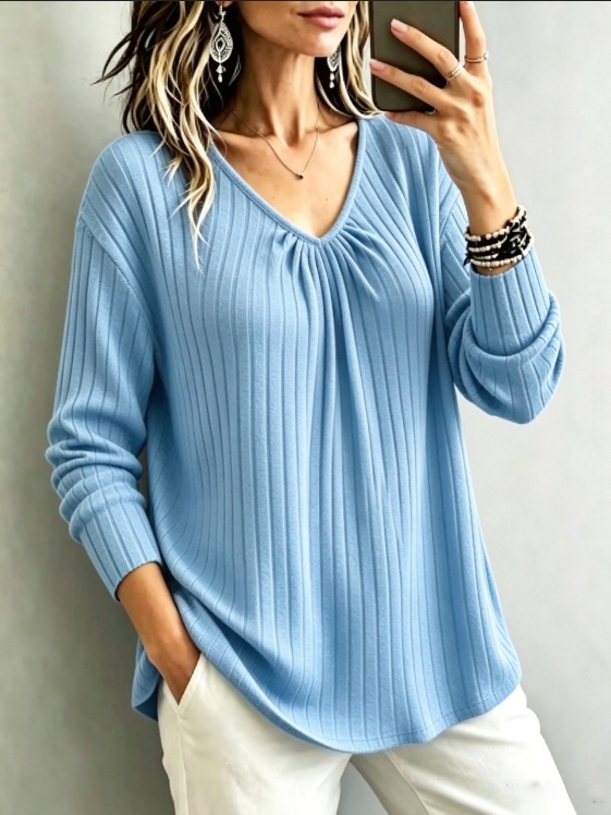 V-Neck Ribbed Brushed Long-Sleeve Loose Casual Top for Women