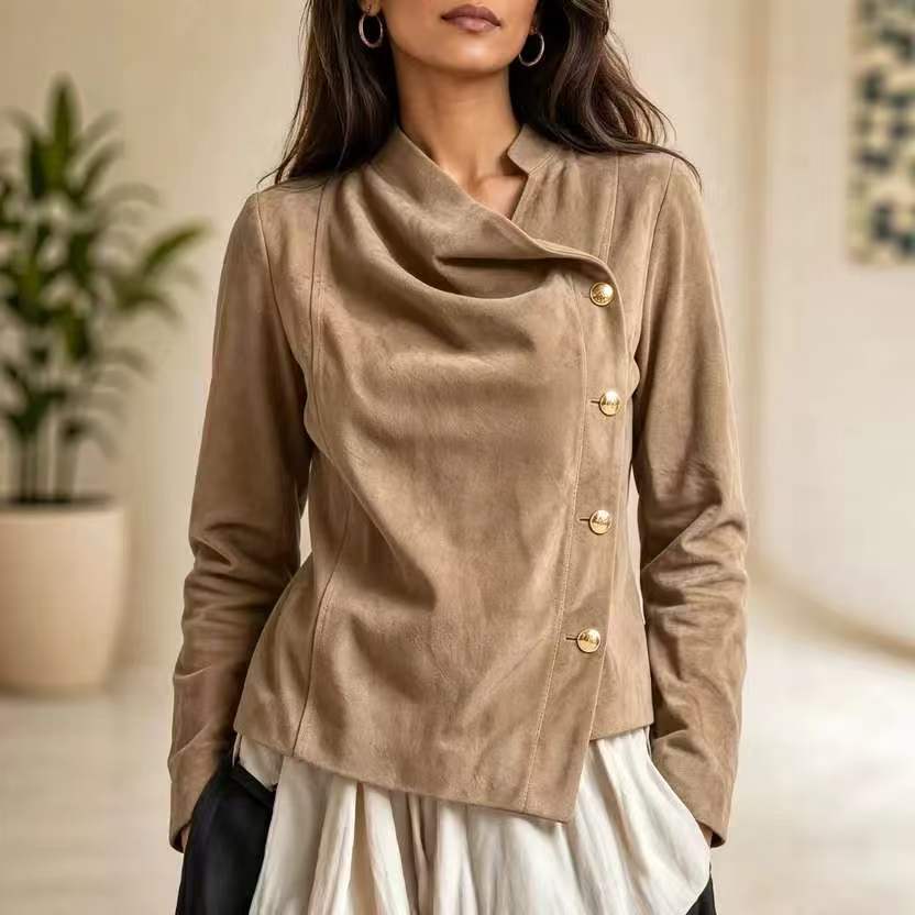 Suede Stand Collar Asymmetric Button Short Jacket