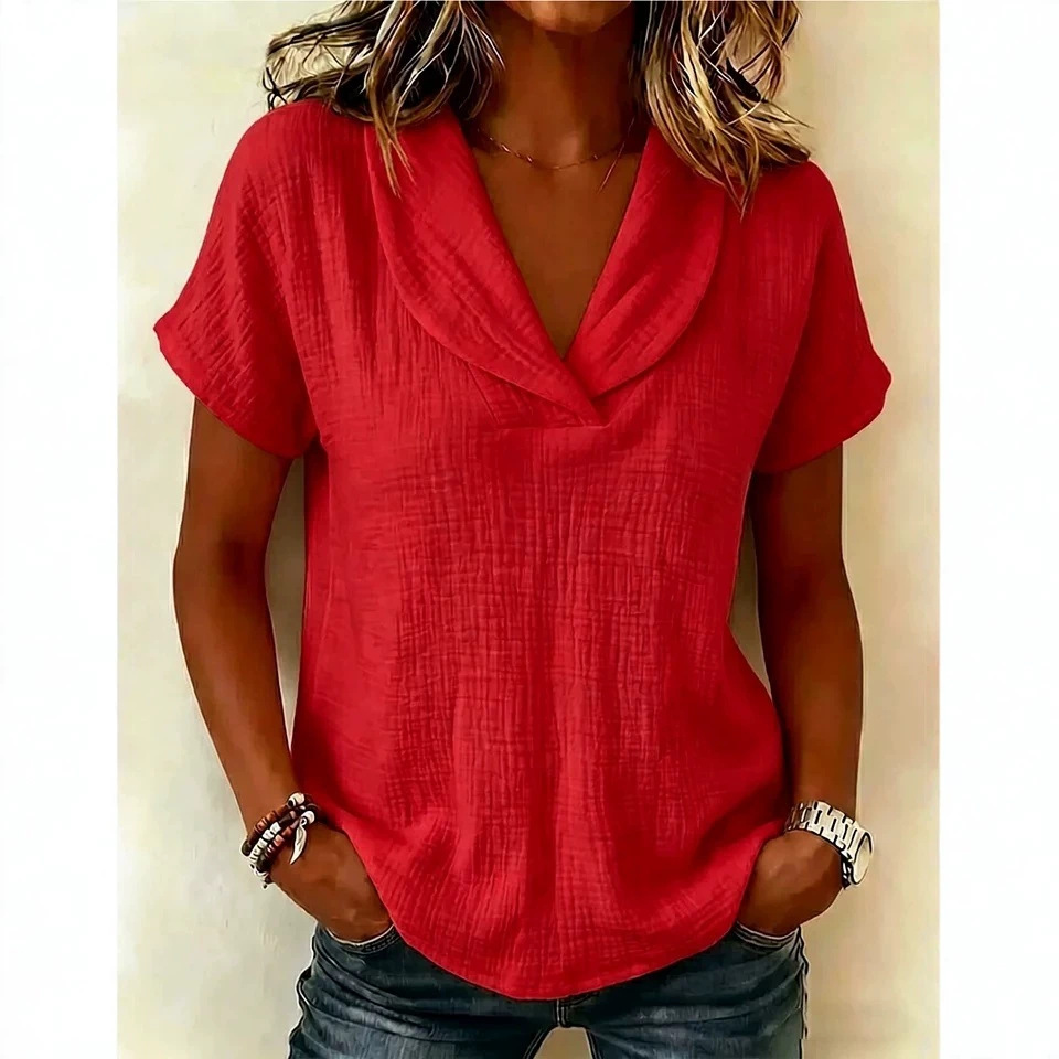 Women's Summer Short Sleeve Crepe V-Neck Casual T-Shirt