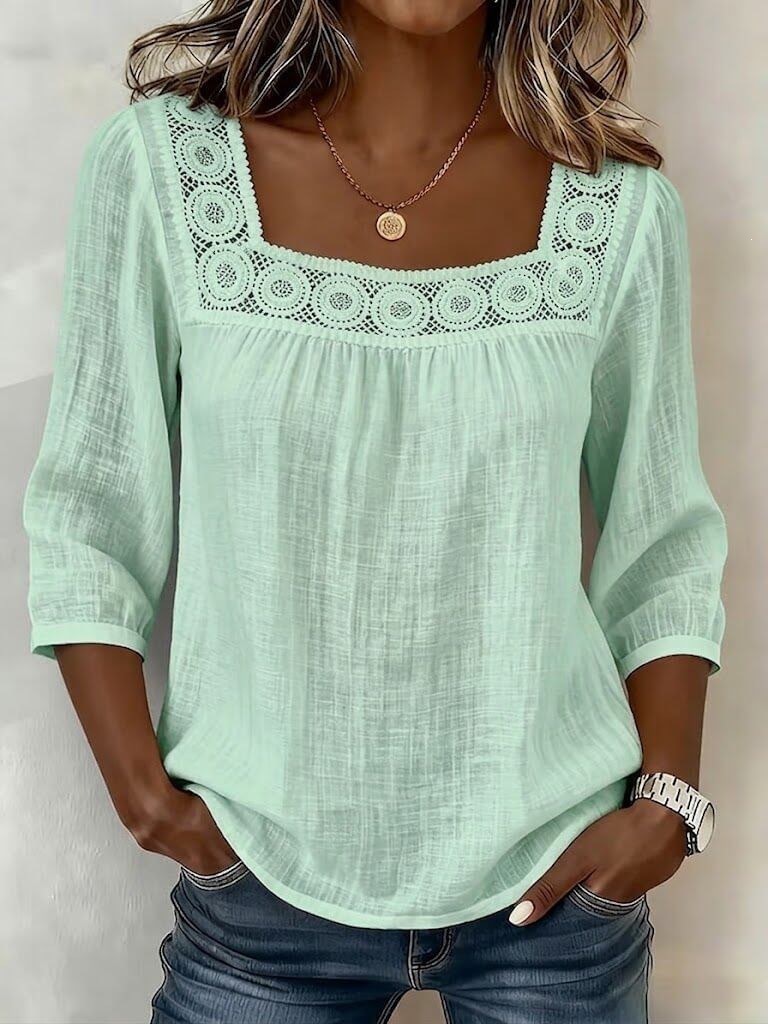 Women's Summer Square Neck Lace Trim 3/4 Sleeve Cotton Linen Top