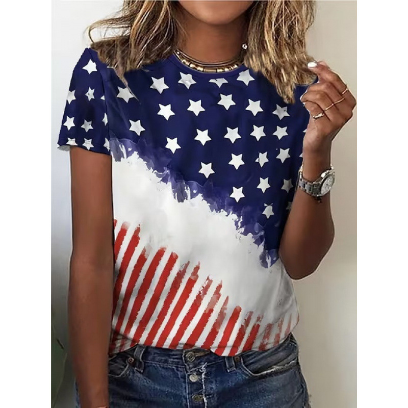 Women's Summer Crewneck Short Sleeve T-Shirt with Independence Day Print, Loose Fit