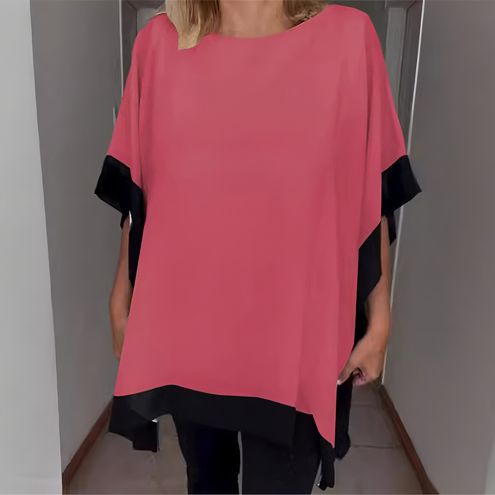 Women's Loose Crewneck Batwing Sleeve Colorblock Top Mercerized T-Shirt