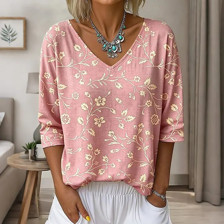 Floral Leaf Print V-Neck Half-Sleeve Women's T-Shirt