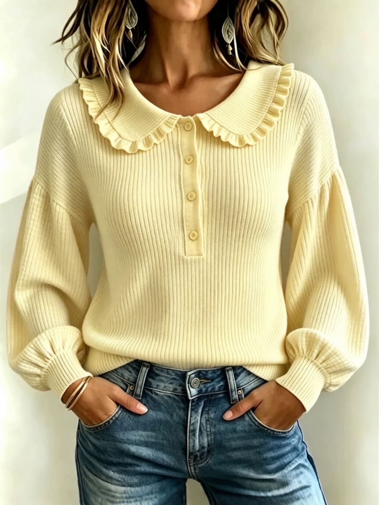 Women's Ribbed Knit Ruffle Button Crewneck Long Sleeve Pullover Sweater