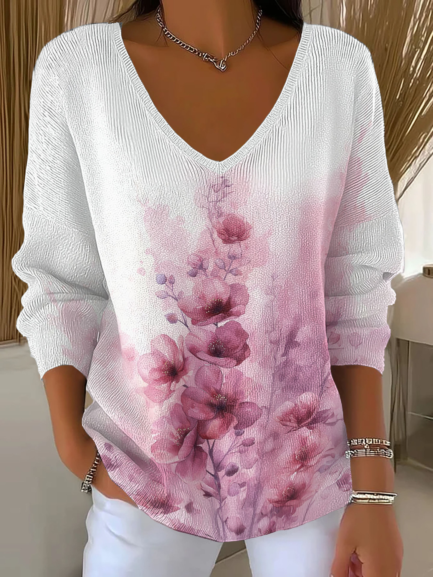 Women's Floral Star Print V-Neck Long-Sleeve T-Shirt
