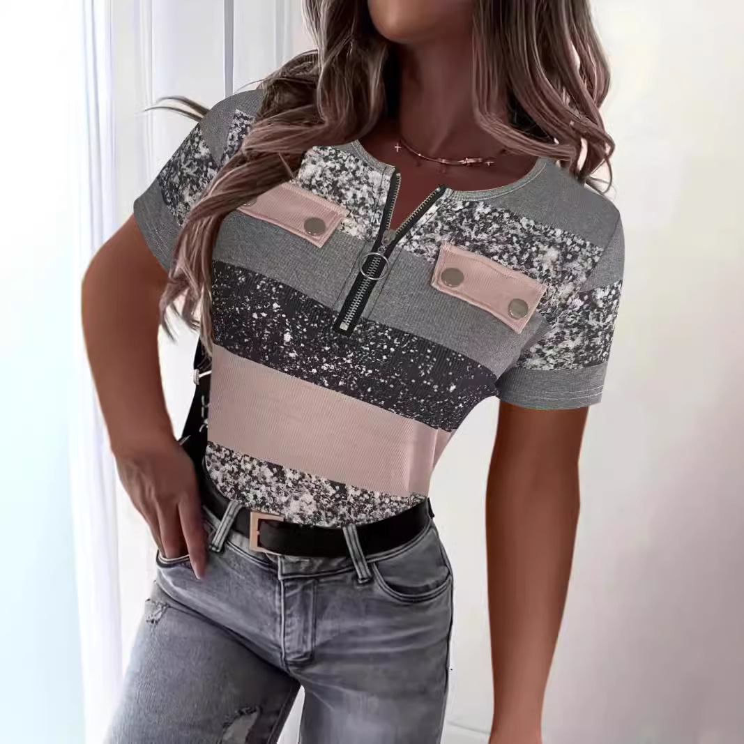 V-Neck Colorblock Print Zip-Up Top