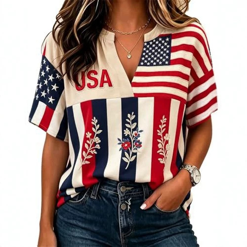 Women's V-Neck Half-Sleeve T-Shirt with 3D Print