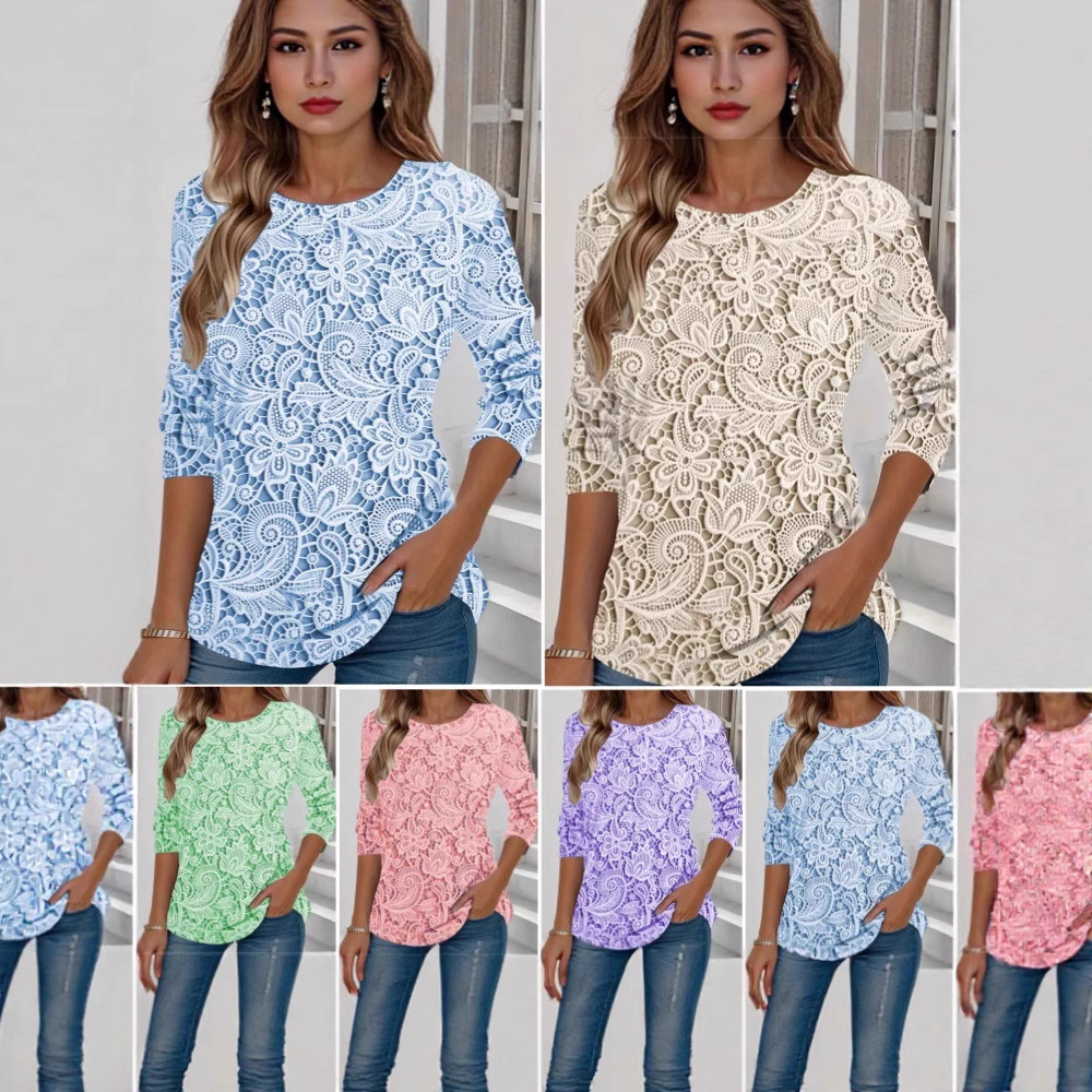 Elegant Floral Print Long Sleeve Crewneck Women's Top