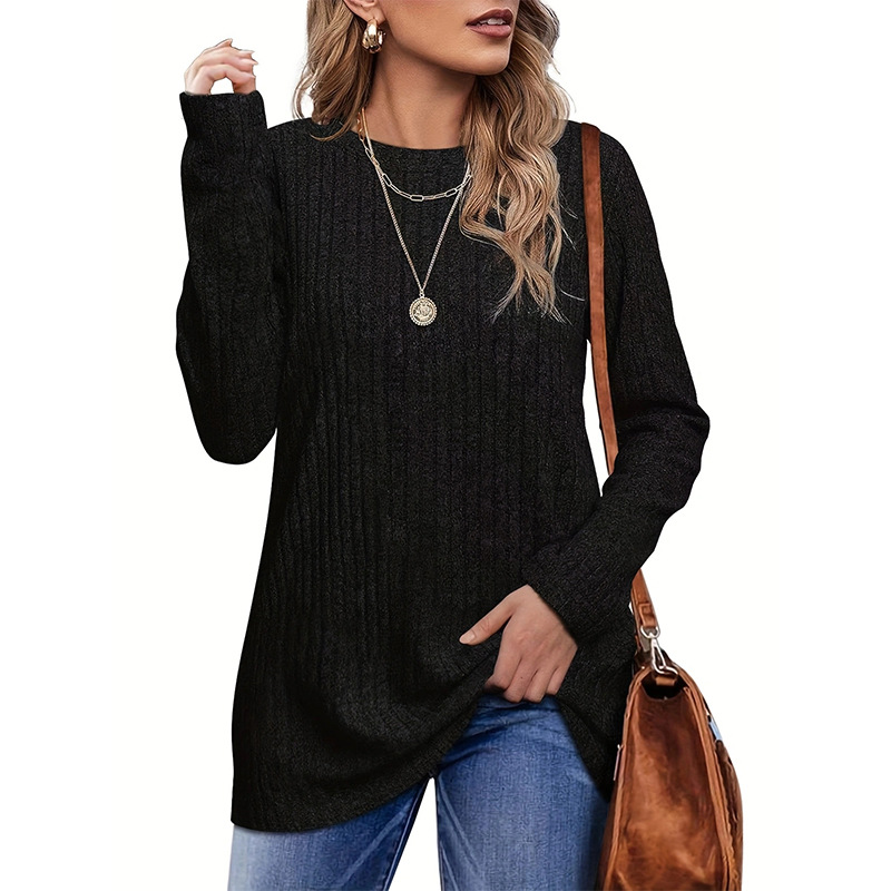 Women's Crewneck Brushed Ribbed Solid Long-Sleeve T-Shirt