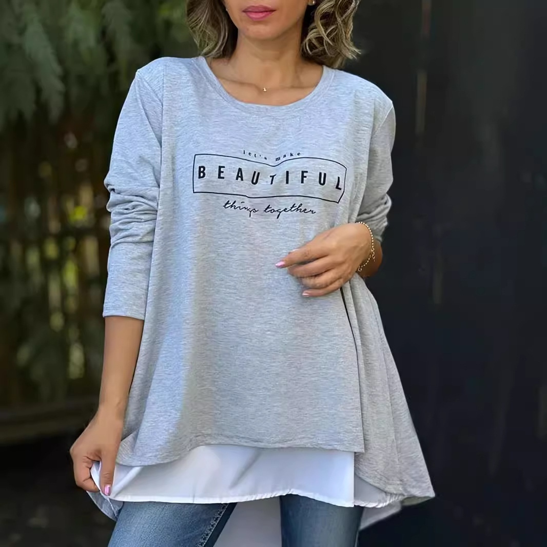 Women's Round Neck Faux Two-Piece Back Button Letter Long Sleeve Top