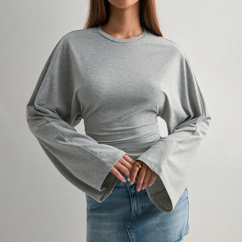 Women's Solid Crewneck Cinched-Waist Long-Sleeve Top